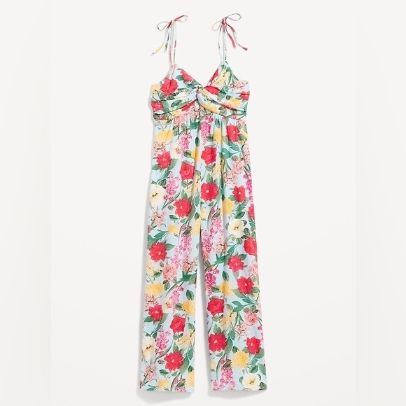 Old Navy MultiFloral Tie-Shoulder Cropped Twist-Front Jumpsuit Linen Blend - Picture 4 of 16